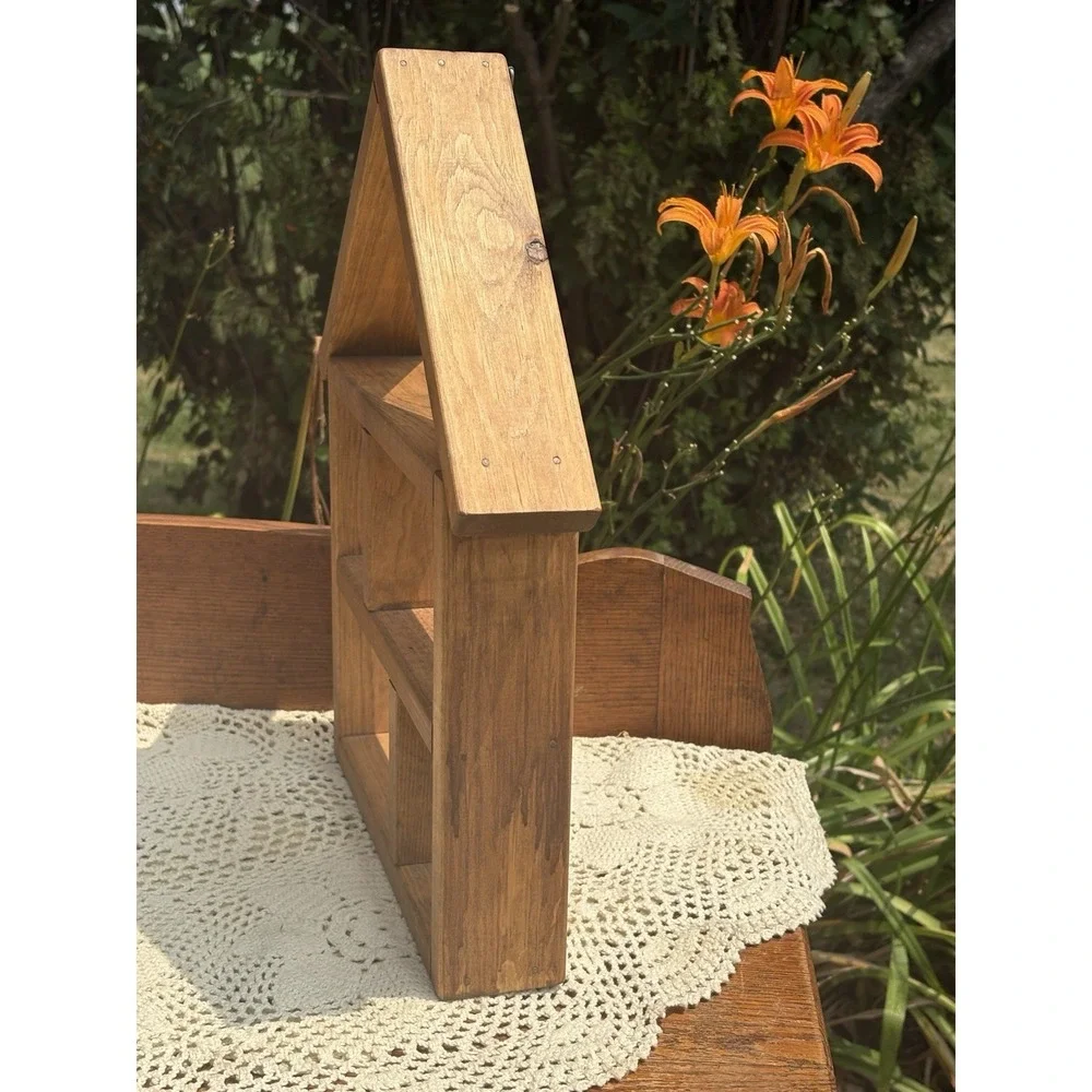 Vintage Wooden Wall Display Shelf House Shaped with Roof Chimney 17.5